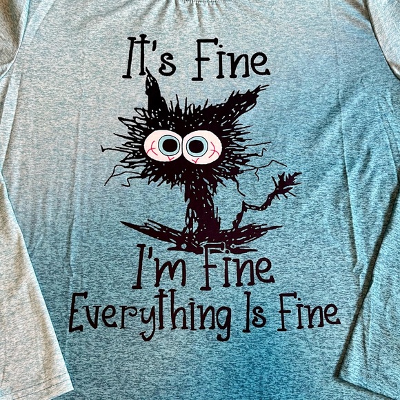 Large Women's Graphic tee Long sleeve teal I'm Fine Everything is Fine cat NWOT - Picture 2 of 6